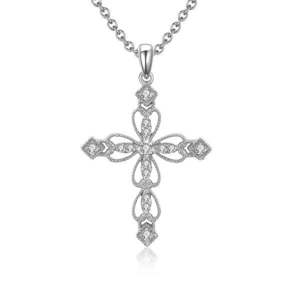 Real Diamond Vintage Cross Pendant 14K White Gold